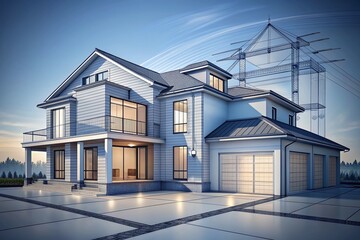 Modern luxurious house design evolution from hand-drawn sketches to detailed 3D blueprint, with empty space for text or graphics, on a sleek gray background.