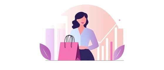 A woman stands confidently with shopping bags, set against a modern backdrop of graphs and vibrant foliage, representing retail success. on a white isolated background.	
