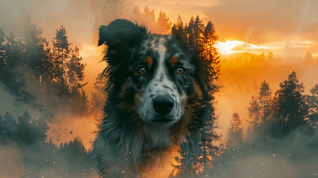 A dog portrait with double exposure of forest and sunset