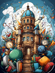 Obraz premium An abstract illustration consisting of many school-themed objects.