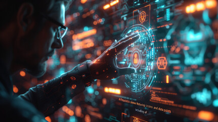 Futuristic Interface Interaction: Businessman Navigating Digital Data Hub