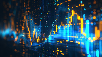 Abstract financial trading graphs and digital numbers of the foreign exchange market on a monitor, representing stock market trends with gold and blue digital charts.