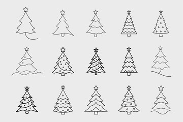 Fototapeta premium Christmas Tree Set - Hand Drawn Illustrations, Pro Vector Art, Geometric & Line Art, Kawaii Cartoon, Mascot Logos