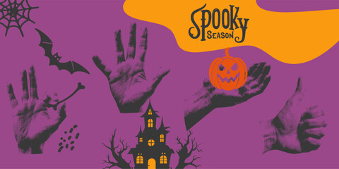 Obraz premium Vector Halloween collage with pumpkins, bats and half tone pop art style hands and lettering Spooky Season.