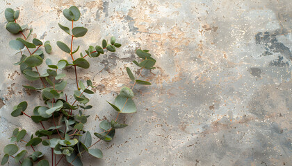 Naklejka premium Eucalyptus branches on a rough stone surface top view. Wediing invitation card mockup