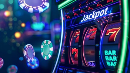 Casino gambling slot machine jackpot winner, big win 777 casino slots photo background concept. Generative AI