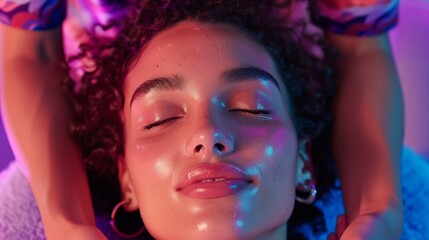 Naklejka premium A woman is lying down on the massage table with closed eyes, and another person's hands are gently massaging the face and neck of a beautiful young model