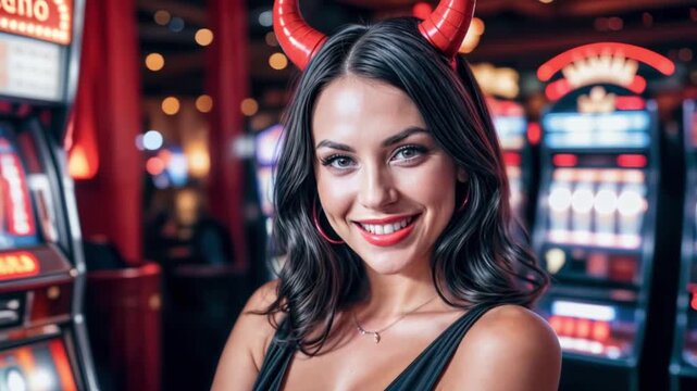 A smiling woman in a devil costume with red horns holds a carved jack-o'-lantern in a casino. The background features bright slot machines and warm, festive Halloween decorations.