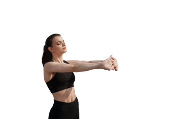 Woman in black activewear stretching arms by the waterfront, enjoying outdoor exercise against transparent background
