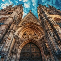 Fototapeta premium Gothic cathedral in Barcelona, Catalonia, Spain. Entrance in Barcelona Cathedral with tower. Ancient architecture of old town with medieval houses. Blue