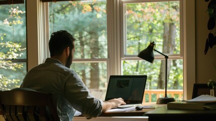 Fototapeta premium Remote Work: Operating from a remote location, usually home, with the aid of digital tools to facilitate communication, collaboration, and productivity outside the traditional office. 