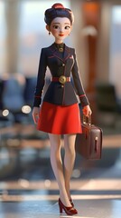 Charming 3D flight attendant holding a suitcase, representing the essence of travel and hospitality. This stylish character showcases the professionalism and warmth of cabin crew members, making it an