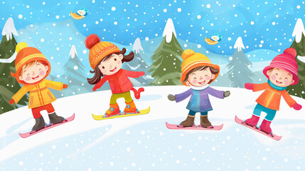 Fototapeta premium Four happy kids snowboarding in a snowy landscape. ..