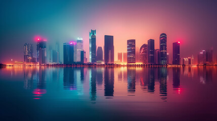 Fototapeta premium City skyline reflected in water at twilight. ..