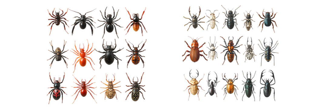 Collection of Various Spider and Beetle Species on a White Background,Png