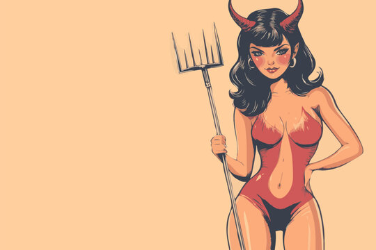 A vintage retro style sexy halloween devil woman with a pitch fork