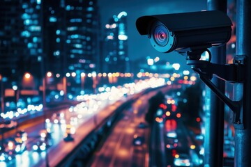Surveillance camera overlooking busy city street at night