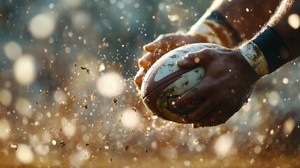Rugby player's hands catching the ball during a match.