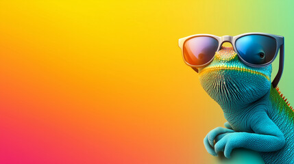 Fototapeta premium chameleon wearing sunglasses looking at camera on a gradient background, digital art, colorful art.