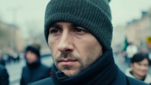 A shot of the lone marchers determined gaze as they make their way through the empty street.
