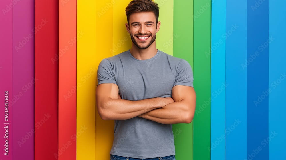 Poster a man is standing in front of a colorful wall, smiling and posing for a picture. the vibrant colors 