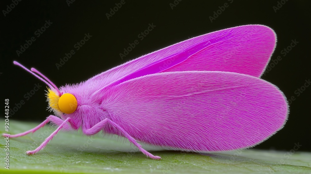 Poster a pink bug with yellow eyes is on a leaf. the bug is small and has a fuzzy appearance