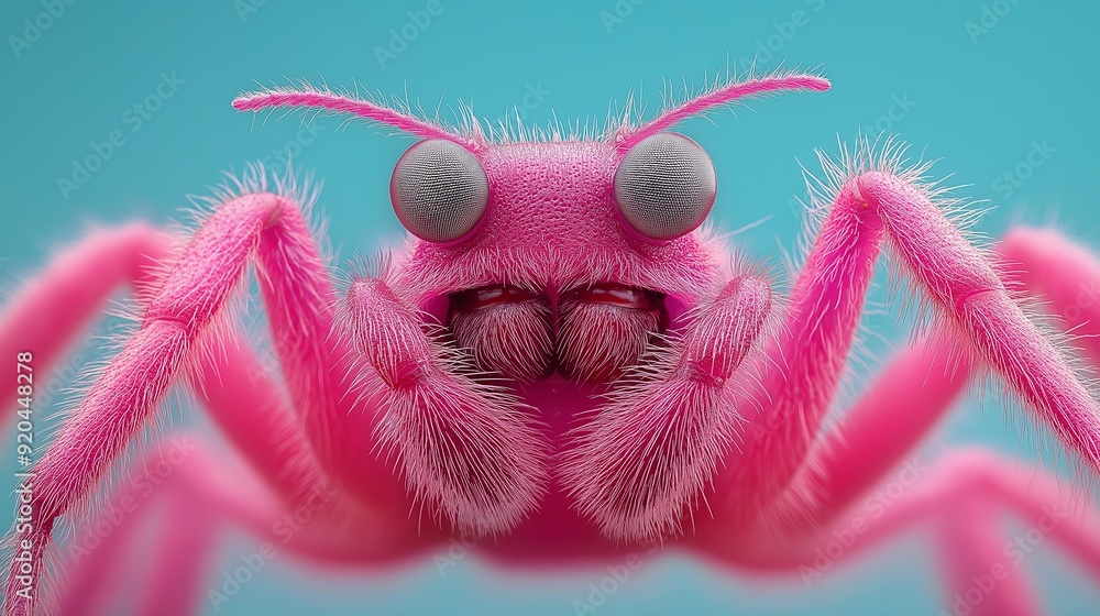 Poster a pink bug with a big head and red eyes. the bug is looking at the camera. the bug is fuzzy and has 