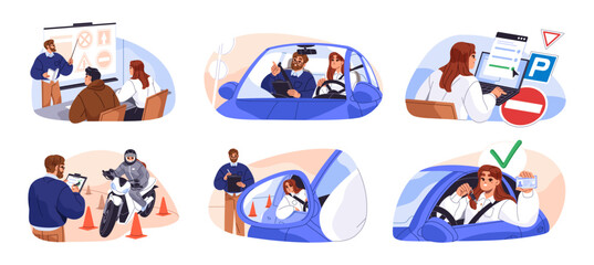 Education in driving school set. Girl learning at driver course, lesson with instructor. Computer test and exam of road rules for car license. Flat isolated vector illustrations on white background