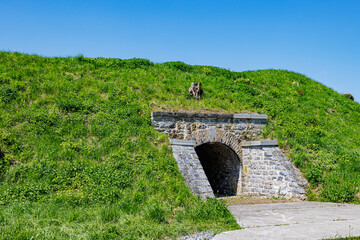 Underground tunnel leading to one of complexes in Charlemont fortress, green grass on hill against...
