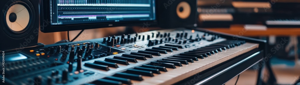 Poster modern synthesizer in a music studio, showcasing keys and sound mixing equipment with professional a