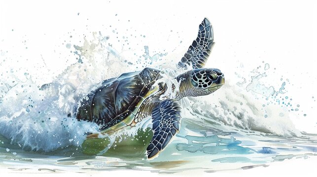 Kemps ridley turtle emerging from the waves,Clipart, watercolor illustration, Perfect for nursery art The style is hand  drawn, white background