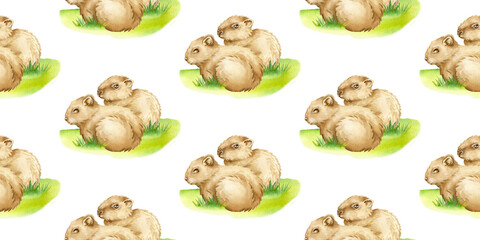 Watercolor seamless pattern with baby capybaras on a transparent background..