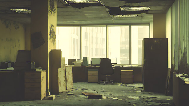 The atmosphere after work in a dilapidated office is creepy - a sense of emptines. Generative AI illustration 