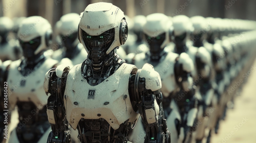 Poster A line of white android robots, standing in formation, ready for action.