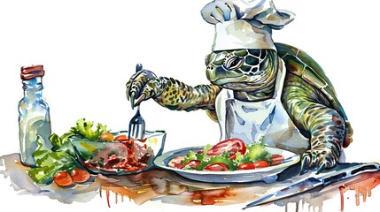 Chef turtle preparing a delicious meal,Clipart, watercolor illustration, Perfect for nursery art The style is hand  drawn, white background