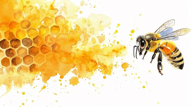 Bee inspecting a hive frame,Clipart, watercolor illustration, Perfect for nursery art The style is hand  drawn, white background