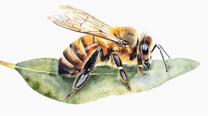 Naklejka premium Bee resting on a leaf,Clipart, watercolor illustration, Perfect for nursery art The style is hand drawn, white background