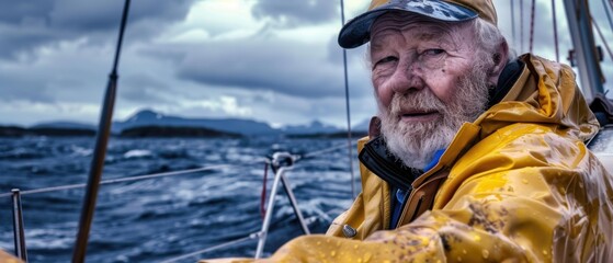 Obraz premium Portrait of a determined senior man sailing in rough seas. AI.
