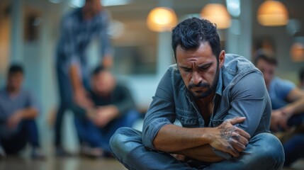 A man sits on the floor with his head in his hands, looking sad and contemplative. AI.