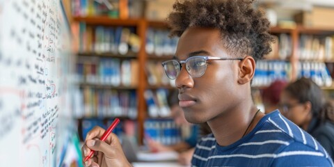 Focused student writing on a whiteboard during a class. AI.
