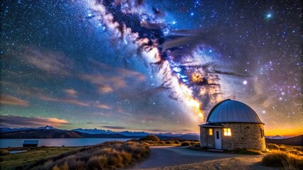 Lake Tekapo Observatory in New Zealand, overlooking the stunning night sky with stars and the Milky Way