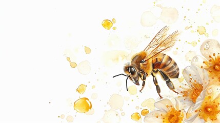 Bee with a honey  themed border,Clipart, watercolor illustration, Perfect for nursery art The style is hand  drawn, white background