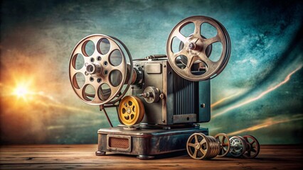 Fototapeta premium Vintage film projector with reels and film strip , cinema, film, movie, retro, technology, entertainment, classic