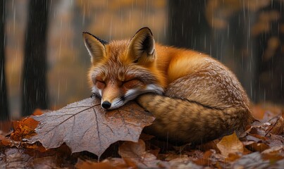 Fototapeta premium A fox curled up under a large leaf, seeking shelter from the rain.