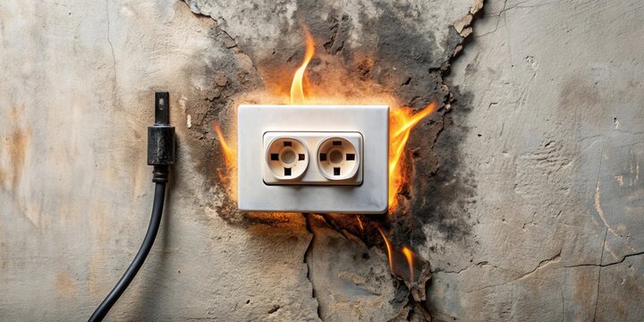 Fire-damaged electrical outlet with burnt wall and black cable , danger, electricity, plug, overload, shock, hazard, circuit, damaged