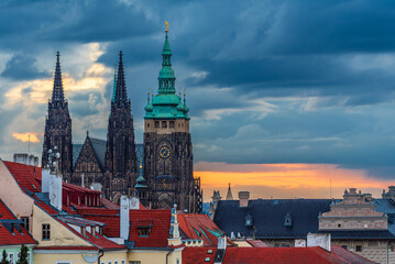 The UNESCO world heritage site St. Vitus Cathedral (Katedrala svateho Vita) early in the morning sunrise under heavy rainy clouds.