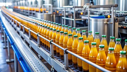 Beverage manufacturing process on a conveyor belt at a factory, factory, production line, manufacturing