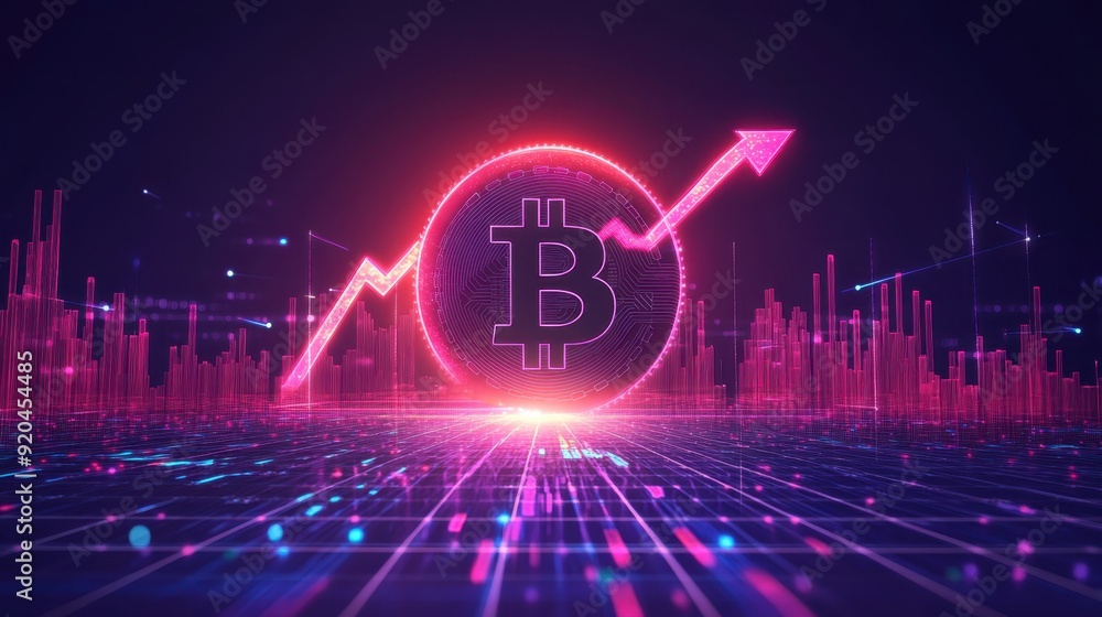 Poster bitcoin market uptrend: cryptocurrency graph with upward arrow and glowing data points in vibrant en