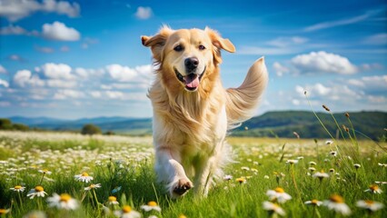 A friendly golden retriever dog with a fluffy coat and wagging tail runs happily in a sunny green meadow with daisies and blue sky.