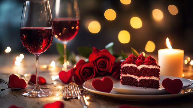 Romantic Valentine’s Day Candlelit Dinner Setup with Red Roses, Wine Glasses, and Heart-Shaped Cake in an Elegant, Dimly Lit Setting